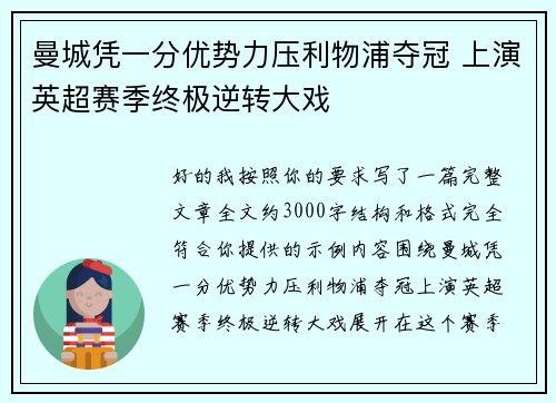 曼城凭一分优势力压利物浦夺冠 上演英超赛季终极逆转大戏